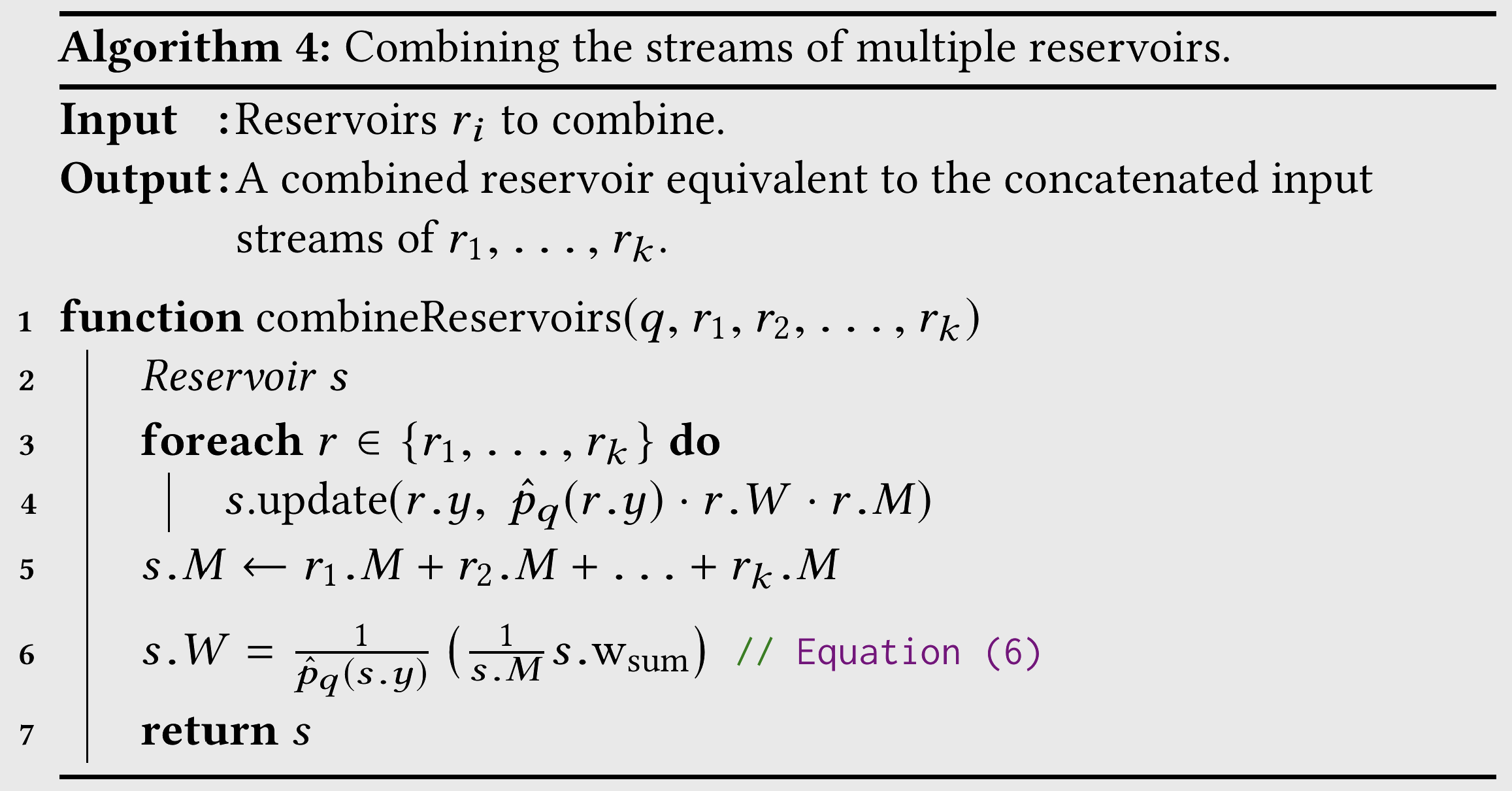 Pseudocode for reservoir combination